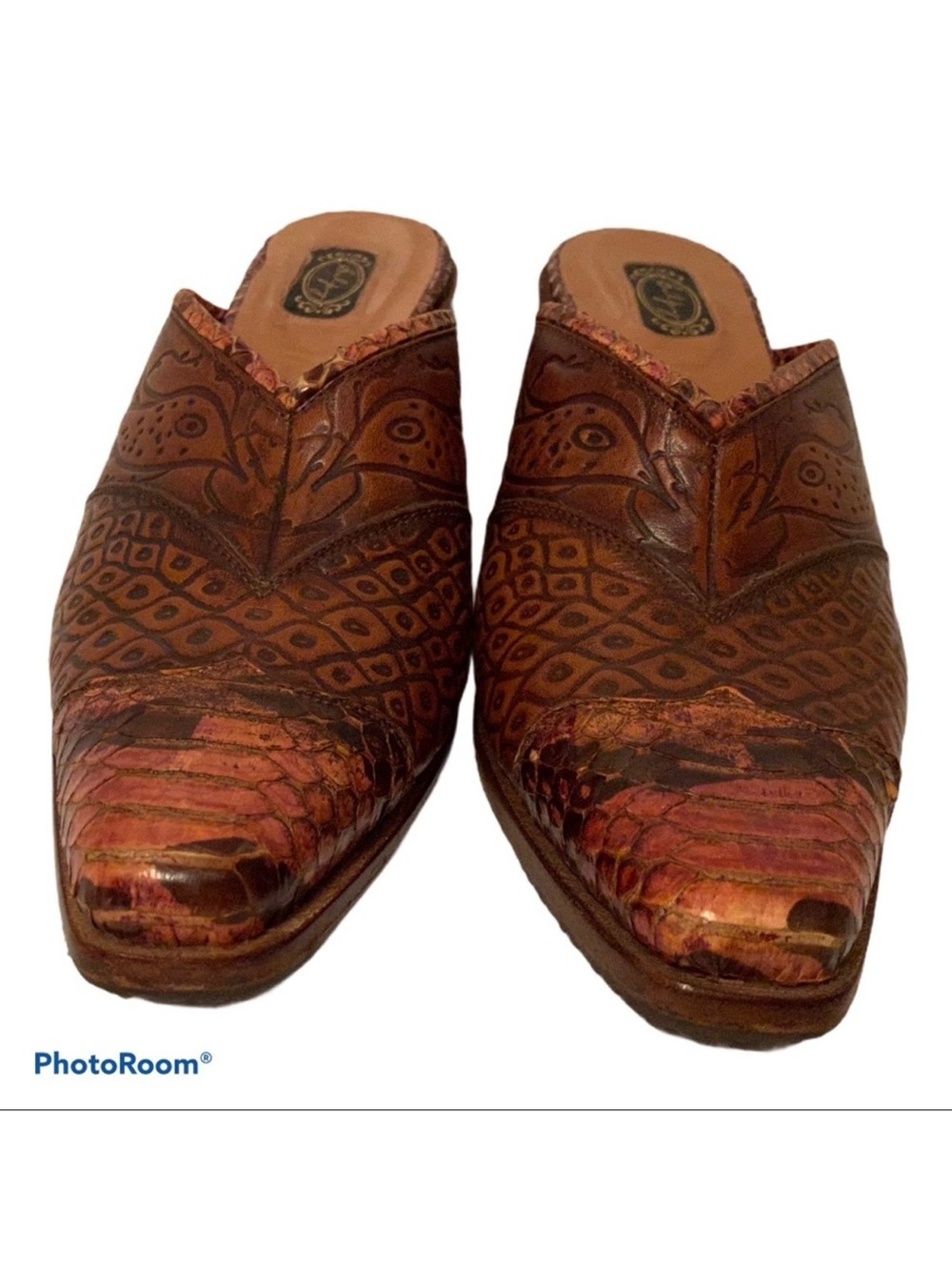 SALPY SHOES CLOGS BROWN HAND TOOLED LEATHER MULES Size 10 USA